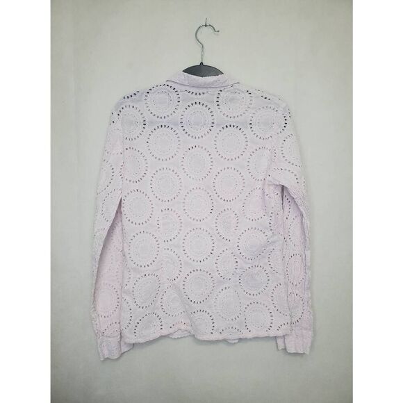 Johnny Was Slim Fit Cotton Eyelet Ruffle Pale Lavender Pearl Button Up Shirt - Picture 5 of 6